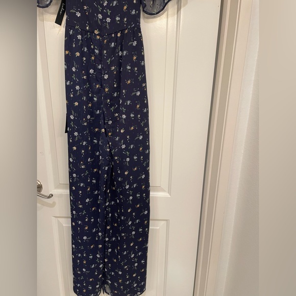 Lulu’s Sweet Blooms Navy Blue Floral Print Swiss Dot Wide Leg Jumpsuit - Picture 5 of 7